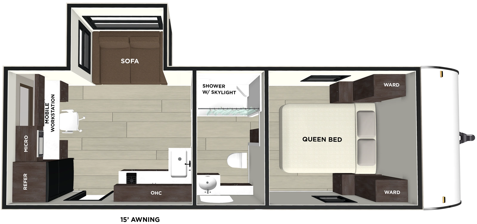 The Salem FSX 163RDSK floorplan has one entry and one slide out. Exterior features include: fiberglass exterior and 15' awning. Interiors features include: front bedroom and pass through bathroom.